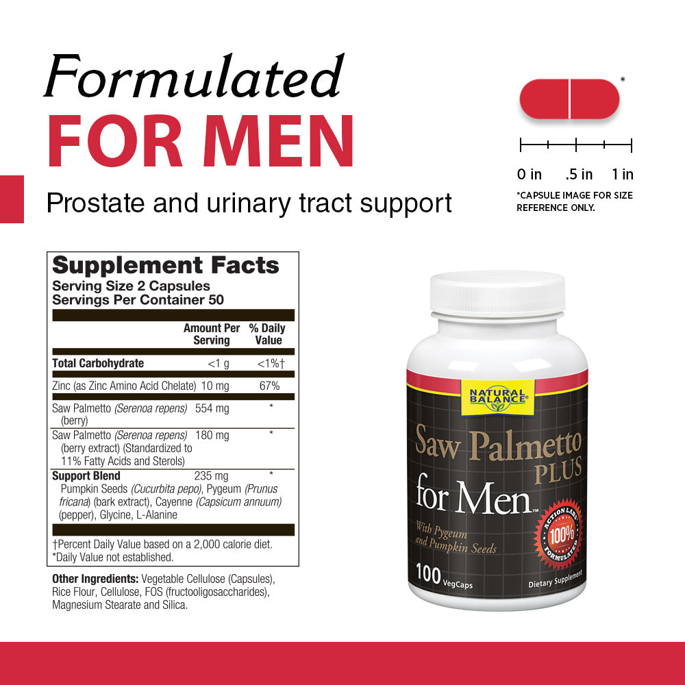 Natural Balance Saw Palmetto Plus for Mens Prostate Health | Urinary Frequency & Flow Support w/ Pygeum & Pumpkin Seeds | 100 VegCaps, 50 Servings