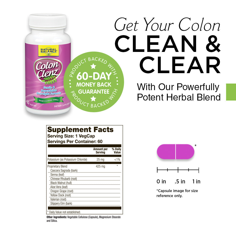 Natural Balance Colon Clenz, Herbal Colon Cleanse & Detox Supplement, Gentle & Dependable Overnight Formula 60ct (60 CT)