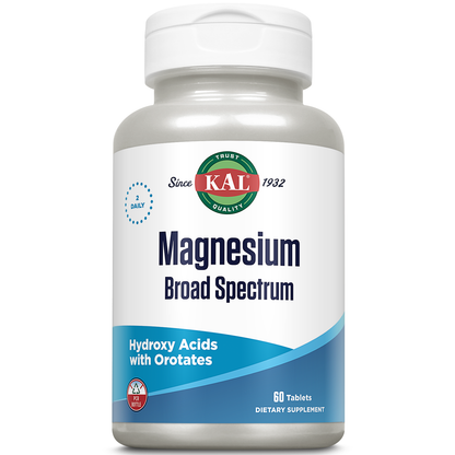 KAL Magnesium 400 mg Broad Spectrum Supplement - Chelated Magnesium Citrate, Malate, Lysinate, Tartrate, Lactate, Orotate Complex for Better Absorption - Vegetarian, 60 Tablets, 30 Servings