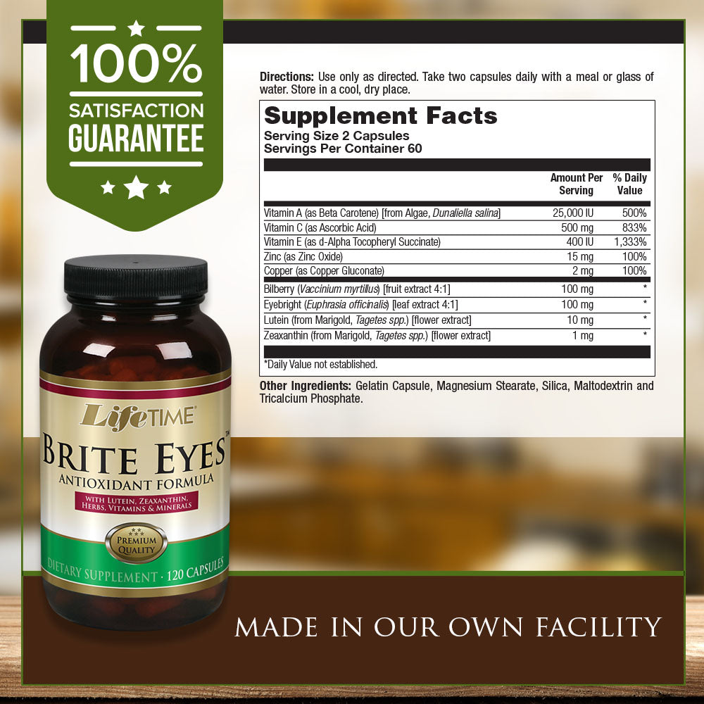 Lifetime Brite Eyes Antioxidant Formula | Supports Dry Eyes, Vision & Eye Health | With Lutein, Zeaxanthin, Bilberry, Vitamin A & C | 60 Servings