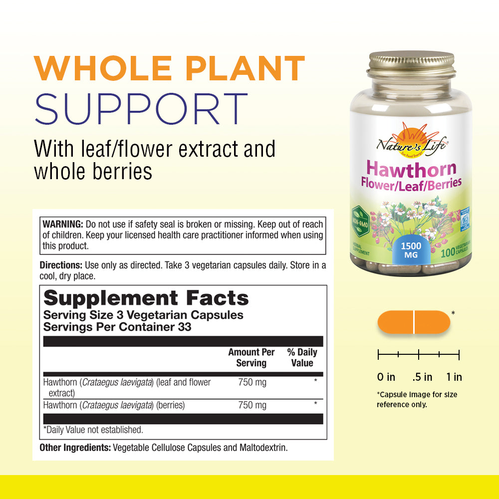 Natures Life Hawthorn Flower/Leaf/Berries 1500mg | Cardiovascular, Circulation & Blood Vessel Support | 100ct, 33 Serv.
