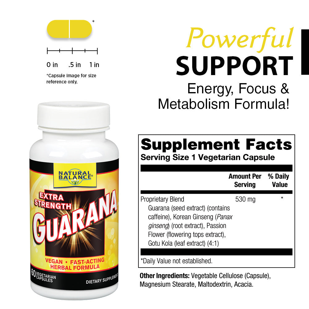 Natural Balance Extra Strength Guarana Supplement | Energy & Metabolism Formula with Korean Ginseng, Gotu Kola & Passion Flower | Vegan | 60 VegCaps