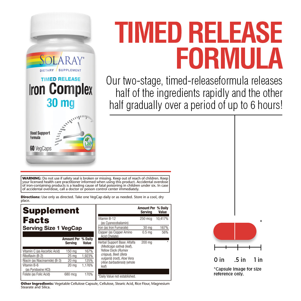 Solaray Iron Complex, Timed Release, Healthy Circulation, Red Blood Cell & Cardiovascular Support, 60 Serv, 60 VegCaps