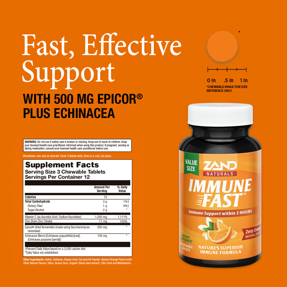 Zand Immune Fast Zesty Orange Chews | Boosts Immune Response w/ EpiCor* & Echinacea |  Extra Value Size | 36ct, 12 Serv.