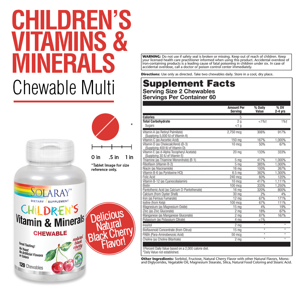 Solaray Childrens Vitamins & Minerals Complete Multivitamin for Kids Great Black Cherry Flavor (076280047974) (120 Chews, 60 Serv)