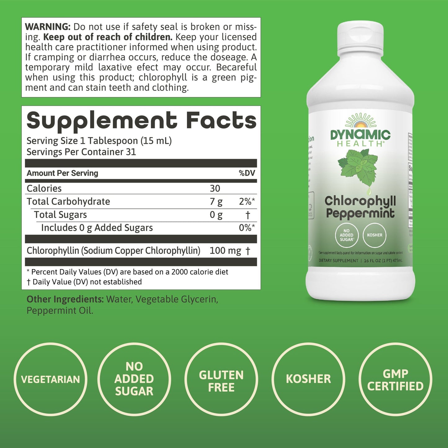 Dynamic Health Liquid Chlorophyll Peppermint 100 mg, Sodium Copper Chlorophyllins with Alfalfa and Mulberry Leaves, Plant Cleanse and Deodorizing, No Added Sugar, 16 Fl Oz