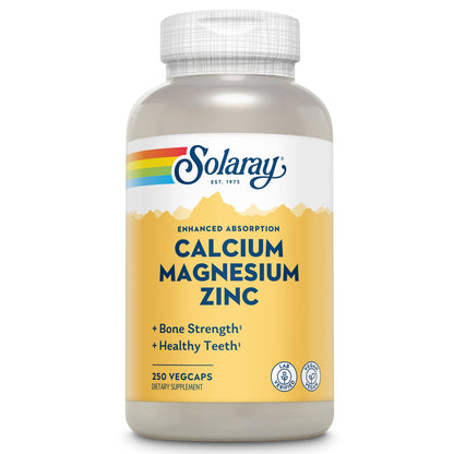 Solaray Calcium Magnesium Zinc Supplement, with Cal & Mag Citrate, Strong Bones & Teeth Support, Easy to Swallow Capsules, 60 Day Money Back Guarantee (250 CT)