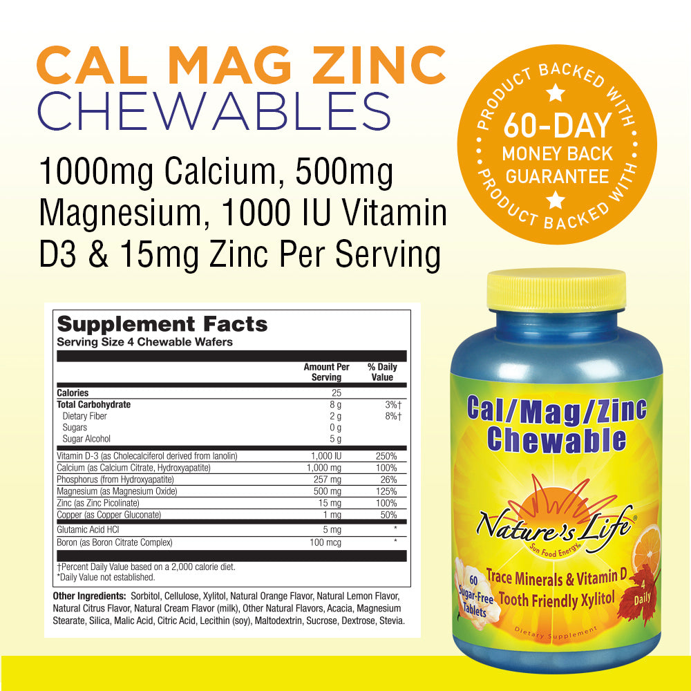 Nature's Life Cal Mag Zinc Chewable | 100% Plus Daily Value of Calcium, Magnesium, Zinc & Vit D3 for Bone & Heart Health Support | 60 No Sugar Chews