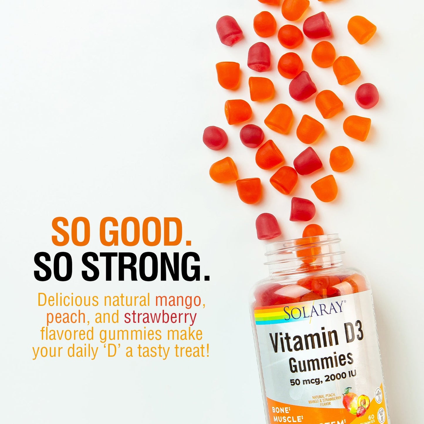 Solaray Vitamin D3 Gummies 50 mcg, 2000 IU | Healthy Bone, Muscle & Immune System Support | Gluten Free | 30 Serv, 60 Ct