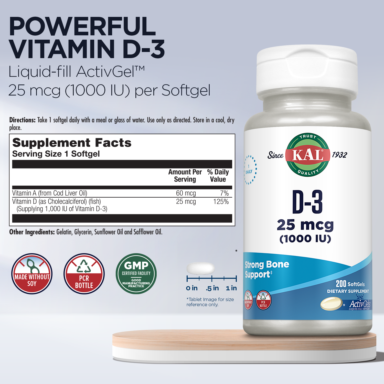 Kalcy KAL Vitamin D3 1000 IU Softgels (25 mcg), Active Form of Vitamin D, Ca ...