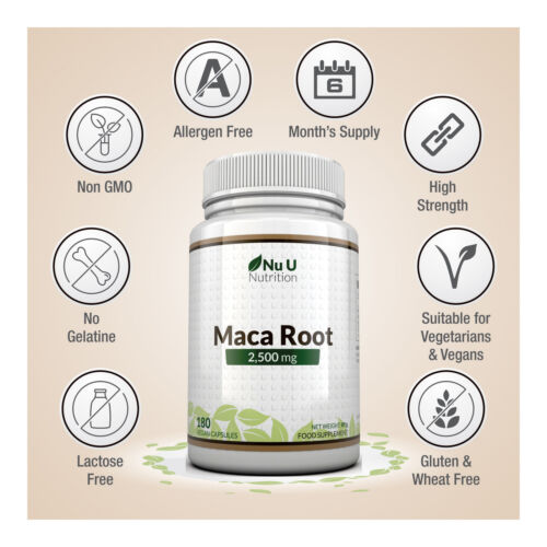 Maca Root Capsules 2500mg 5 Bottles 180 Capsules 6 Month's Supply Nu U Nutrition