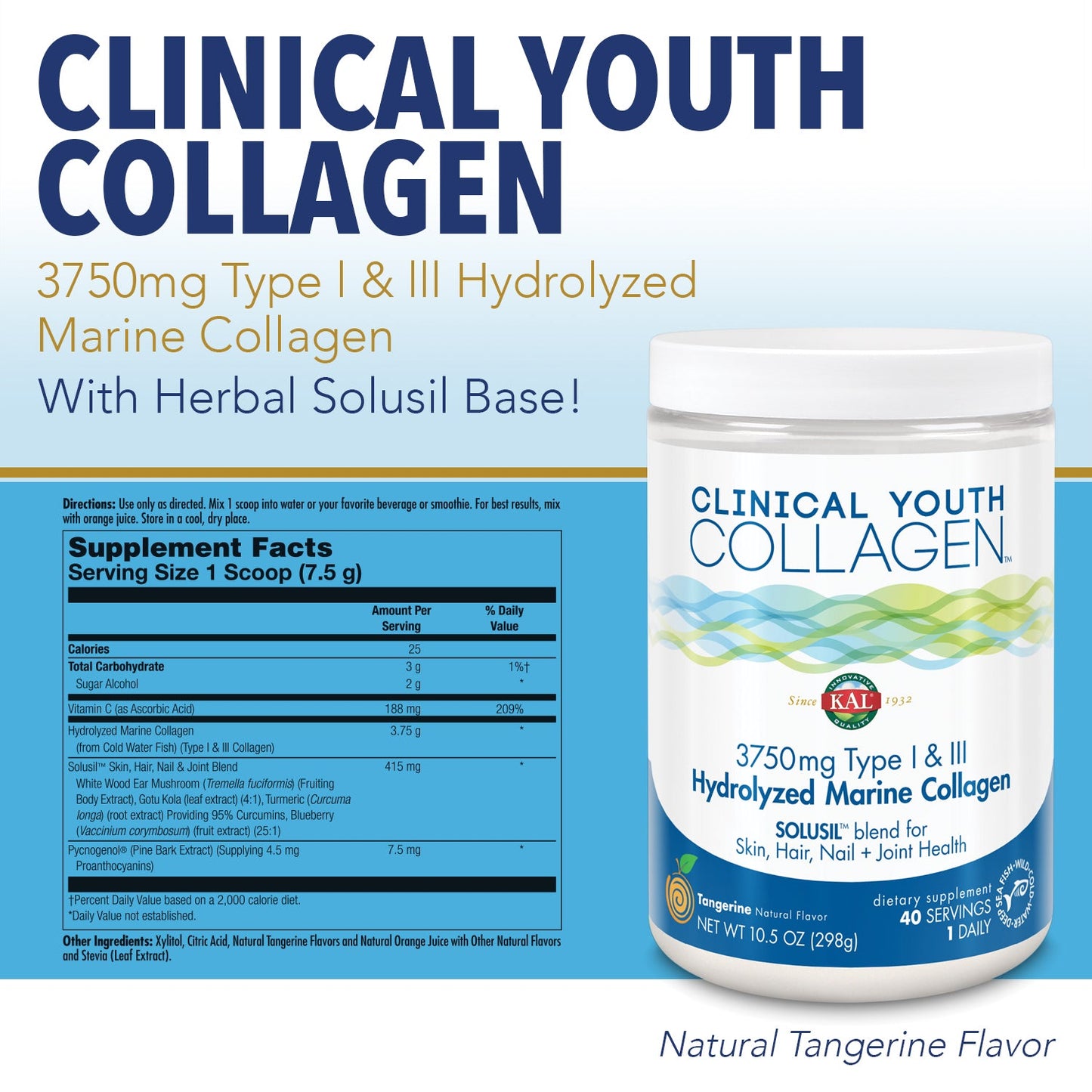 KAL Clinical Youth Collagen | Healthy Skin, Hair, Nail and Joint Support | Vitamin C | Natural Tangerine Flavor | 10.5oz, 40 Serv.