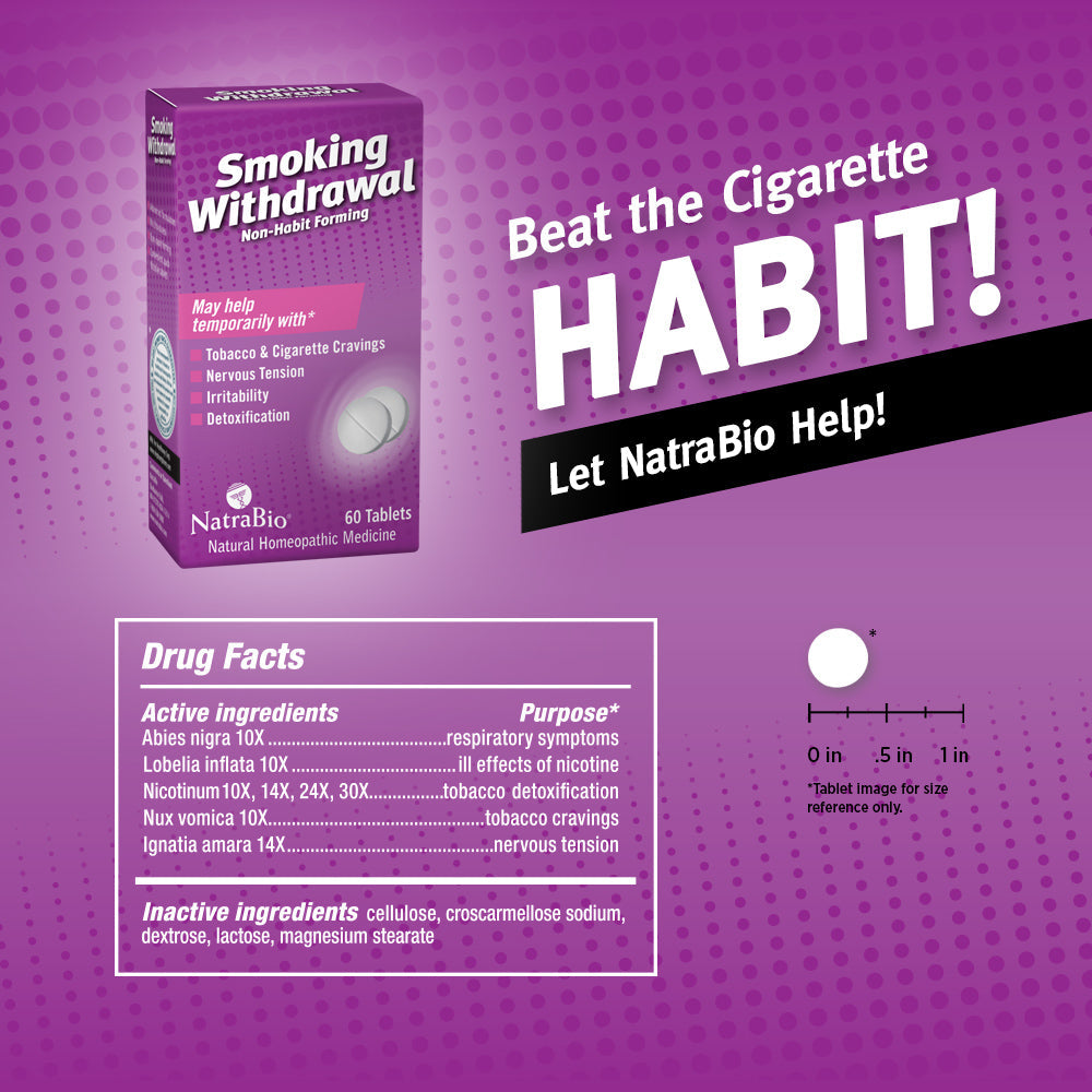 NatraBio Smoking Withdrawal Homeopathic Formula |  May Temporarily Help w/ Tobacco & Cigarette Cravings, Irritability & Detox | 60 Quick Dissolve Tabs