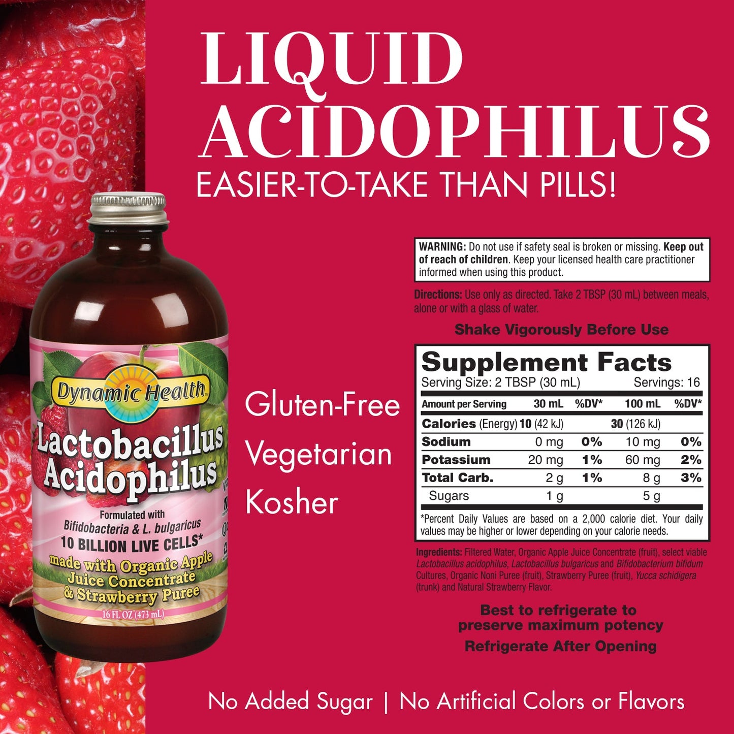 Dynamic Health Lactobacillus Acidophilus, Apple Strawberry | Probiotic | 10 Billion CFU | 16 Servings, 16 FL OZ