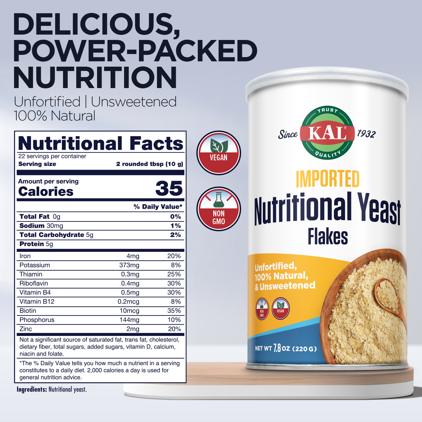 KAL Imported Nutritional Yeast Flakes, Unfortified & Unsweetened Fine Flakes, 100% Natural Source of Amino Acids & B Vitamins, Great Nutty Flavor, Non-GMO & Vegan