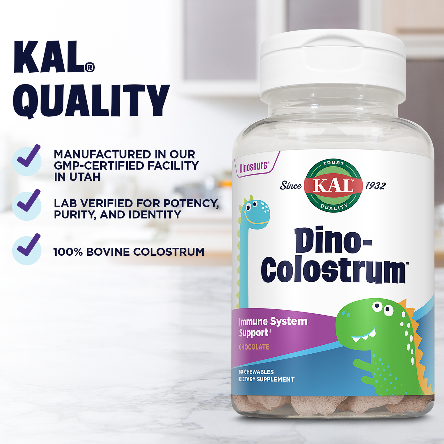 KAL Dino Colostrum - Natural Dark Chocolate Flavor - Bovine Colostrum for Immune Function, Tissue Growth & Repair, and General Well Being Support for Kids - 60 Chewables, 60 Servings