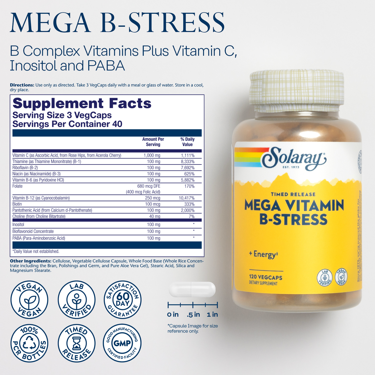 Solaray Mega Vitamin B-Stress, Timed-Release Vitamin B Complex with 1000 mg of Vitamin C for Stress, Energy, Red Blood Cell & Immune Support, Vegan, 60-Day Guarantee,  (120 Count (Pack of 1))