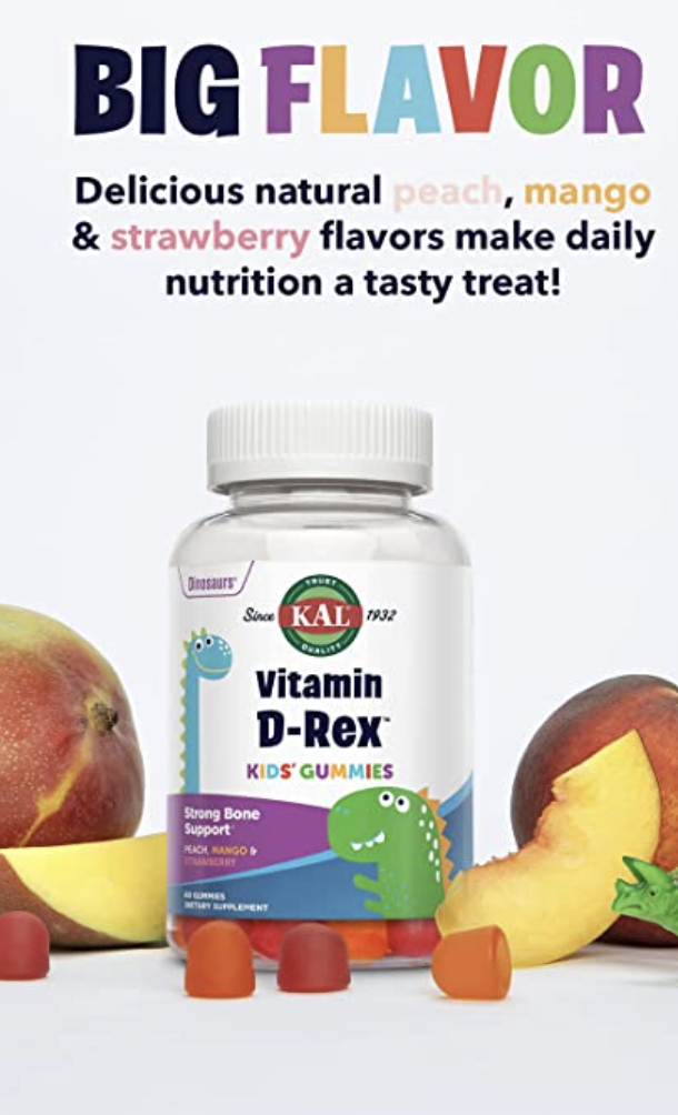 KAL Vitamin D-Rex - Vitamin D Gummies for Kids - Kids Vitamin D3 - Peach, Mango, and Strawberry Flavors - Immune, Heart, Bone & Oral Support - Vegetarian, Gluten Free - 60 Servings, 60 Gummies