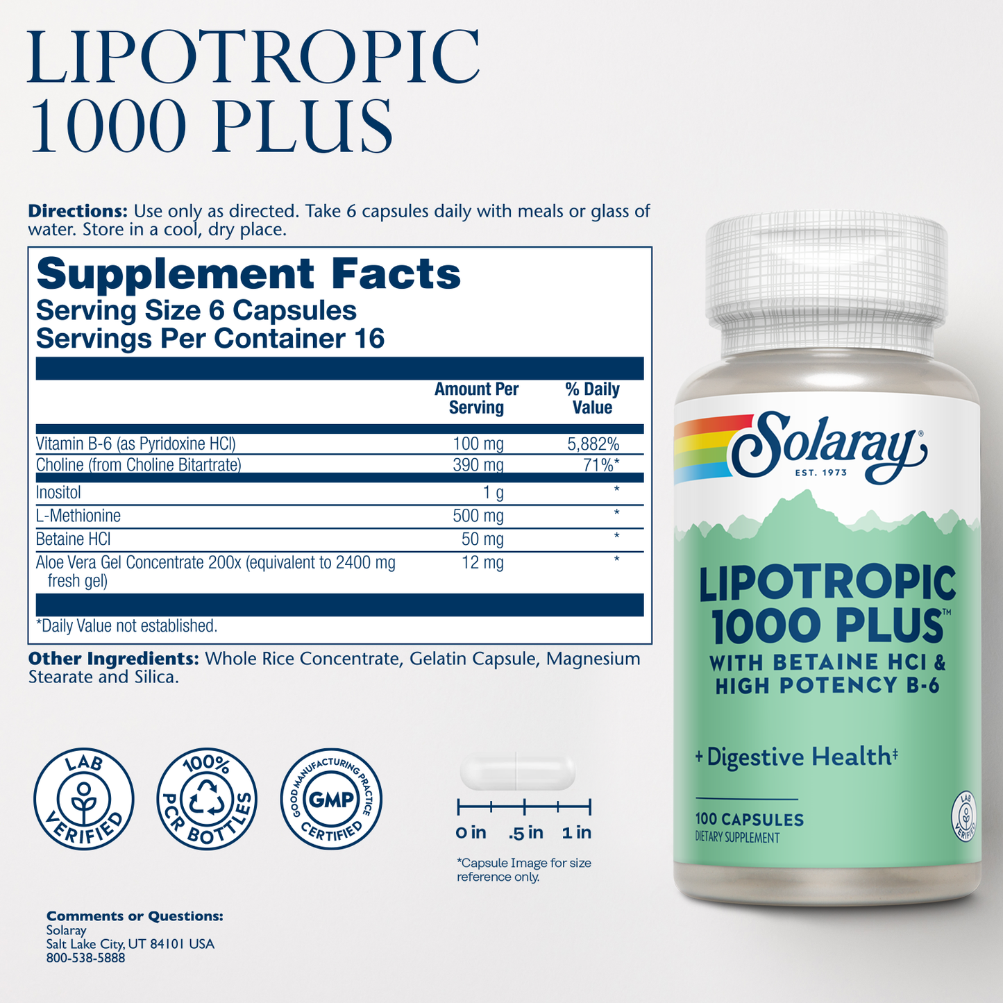 Solaray Lipotropic 1000 Plus Vitamin Capsules 100 Count