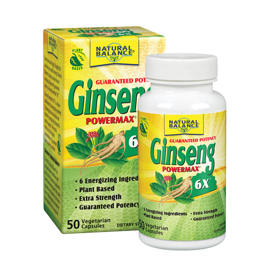 Natural Balance Ginseng PowerMax 6x | Energizing Formula with Ginseng, Eleuthero, Maca & Rhodiola for Cognitive Support | 50 VegCaps, 25 Servings