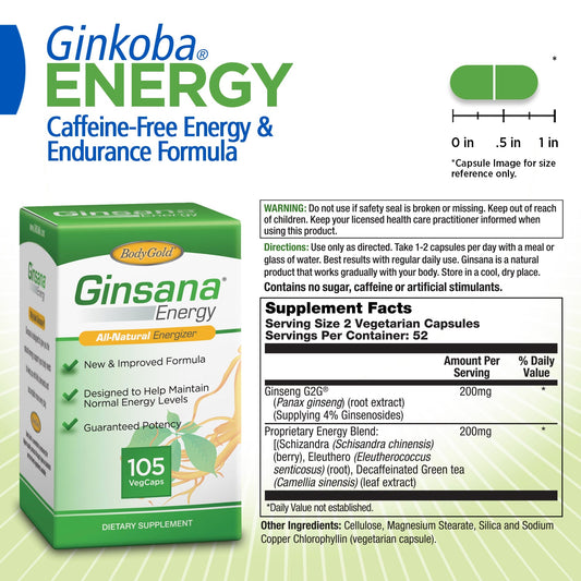 BodyGold Ginsana Energy | Panax Ginseng Extract w/ Energizing Herbal Blend for Focus & Endurance | Schizandra Berry, Eleuthero Root, and Decaffeinated Green Tea Leaf Extract | 52 Serv | 105 VegCaps