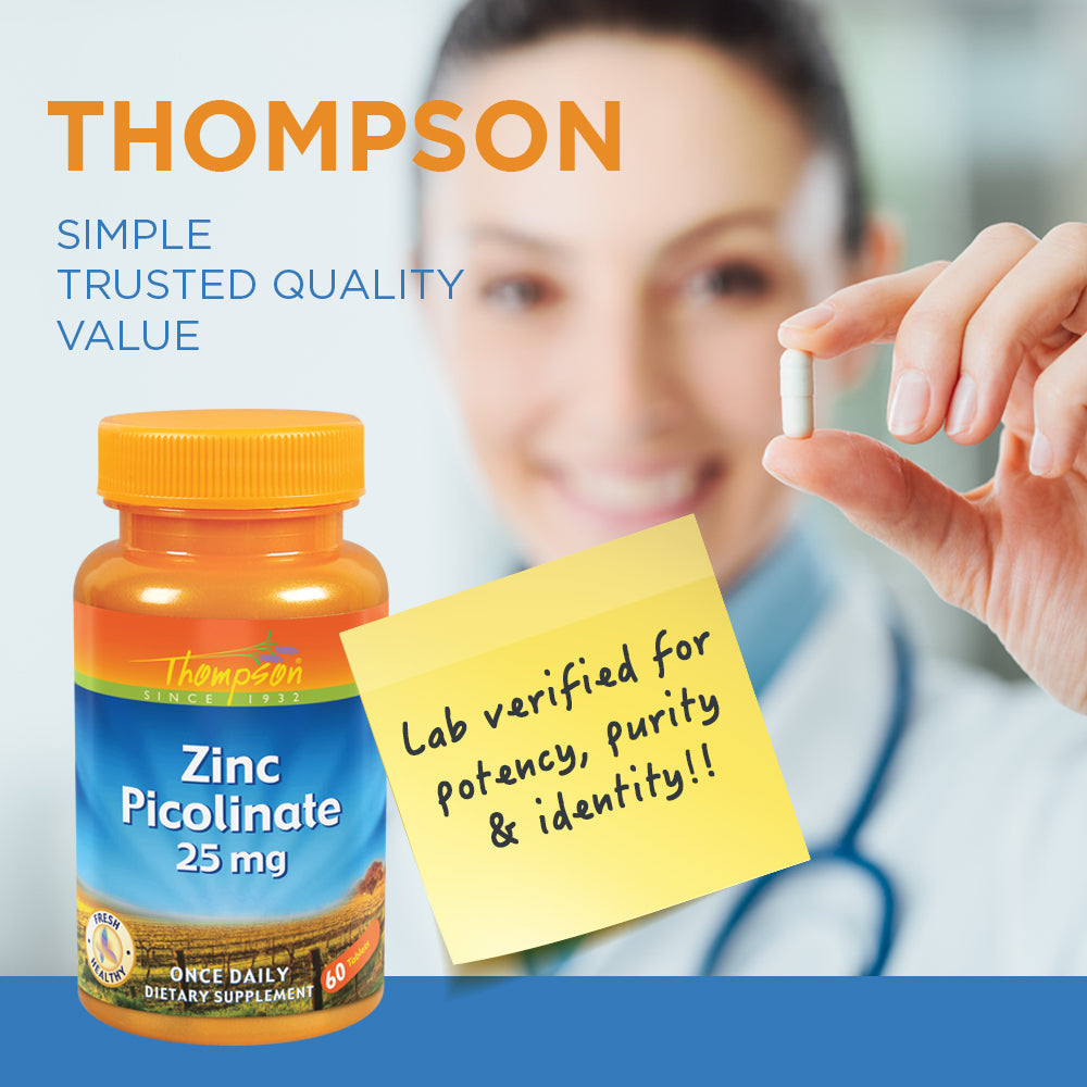 Thompson Zinc Picolinate 25 mg | Once Daily | Healthy Immune System, Cell Function & Metabolism Support | High Absorption | 60 Tablets