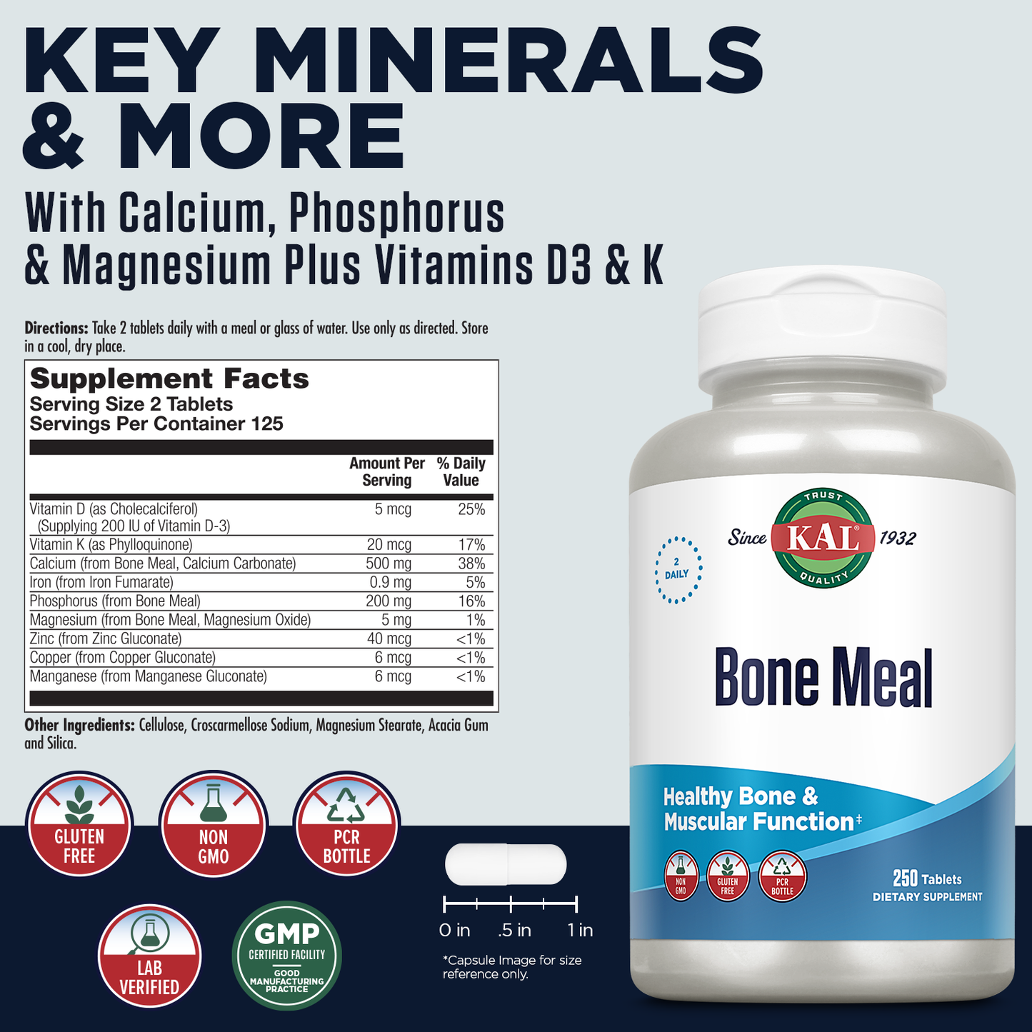 KAL Bone Meal Tablets, Calcium Supplement w/ Magnesium, Vitamin D3 and K, Bone Health, Muscle and Nerve Function Support, Rapid Disintegration, Gluten Free, Non-GMO, 60-Day Guarantee, 125 Serv, 250ct