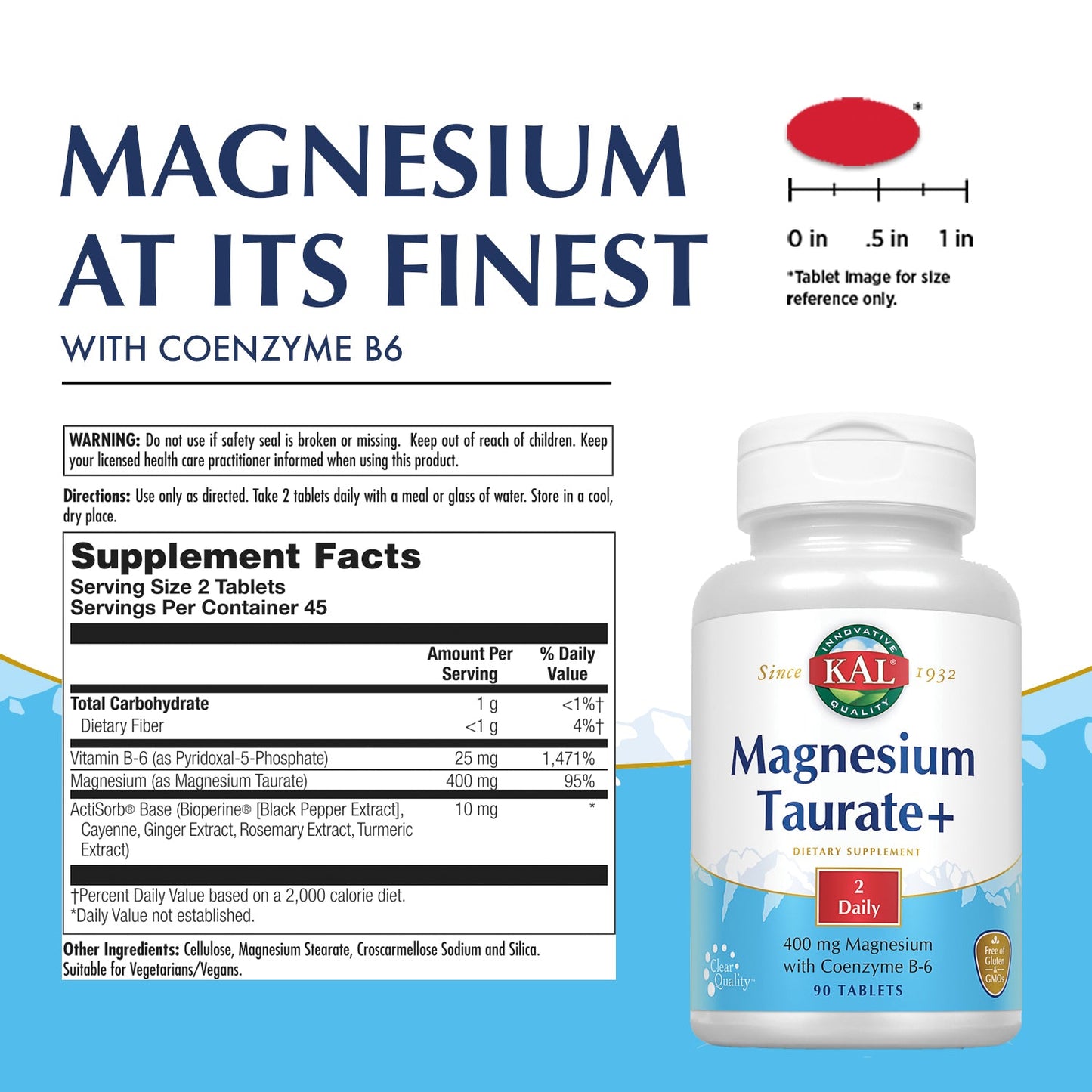 KAL Magnesium Taurate 400mg Plus CoEnzyme Vitamin B6, Chelated Magnesium Supplement, Healthy Muscle Function, Nerve and Heart Health Support, Gluten Free, Vegan, 60-Day Guarantee (90 CT, 2pk)