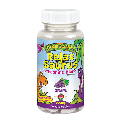 KAL Relax-a-Saurus, Stress Support for Kids , L-Theanine Relaxation Blend for Children , No Sugar, Grape Flavor Chewables , 30 Servings