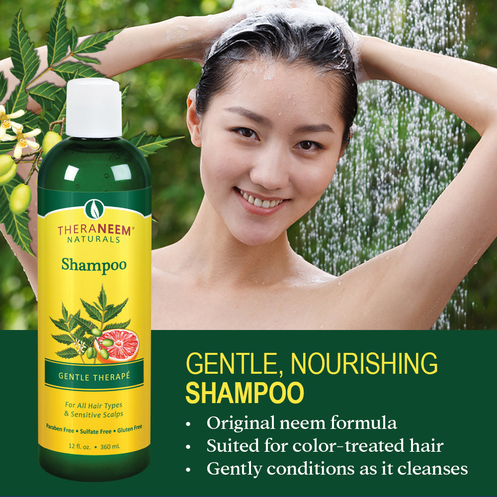 TheraNeem Gentle Therap Shampoo | Soothing Formula w/ Organic Neem Oil | All Hair Types & Sensitive Scalp, Vegan | 12oz