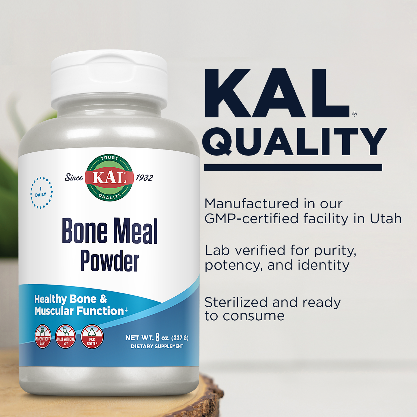 KAL Bone Meal Powder, Calcium Magnesium Supplement, Bone Health, Muscle Function and Nerve Health, Sterilized and Edible, Unflavored, Made Without Soy or Dairy, 60-Day Guarantee (Approx. 37 Serv, 8oz)