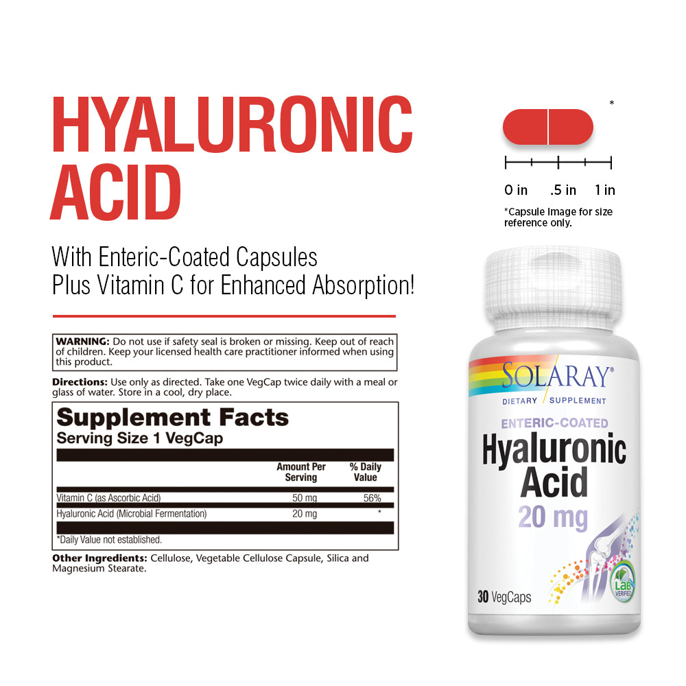 Solaray Hyaluronic Acid | Helps Support Healthy Joint Comfort and Skin Health | With Vitamin C | 30 VegCaps