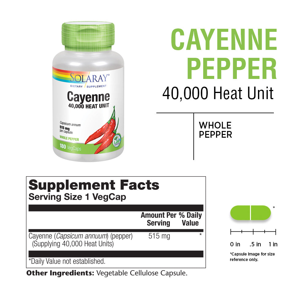 Solaray Cayenne Pepper 515 mg | 40,000 Heat Unit | Healthy Digestion, Circulation, Metabolism & Cardiovascular Support | Non-GMO | 180 VegCaps