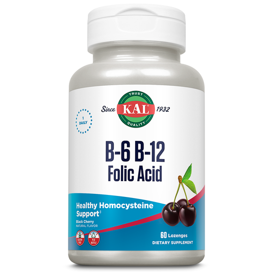 KAL Vitamin B-6 B-12 Folic Acid Supplement, B Vitamins for Healthy Energy, Heart & Red Blood Cell Support, w/ Vitamin B12 Methylcobalamin and Folate, Natural Cherry, Gluten Free, 60 Serv, 60 Lozenges