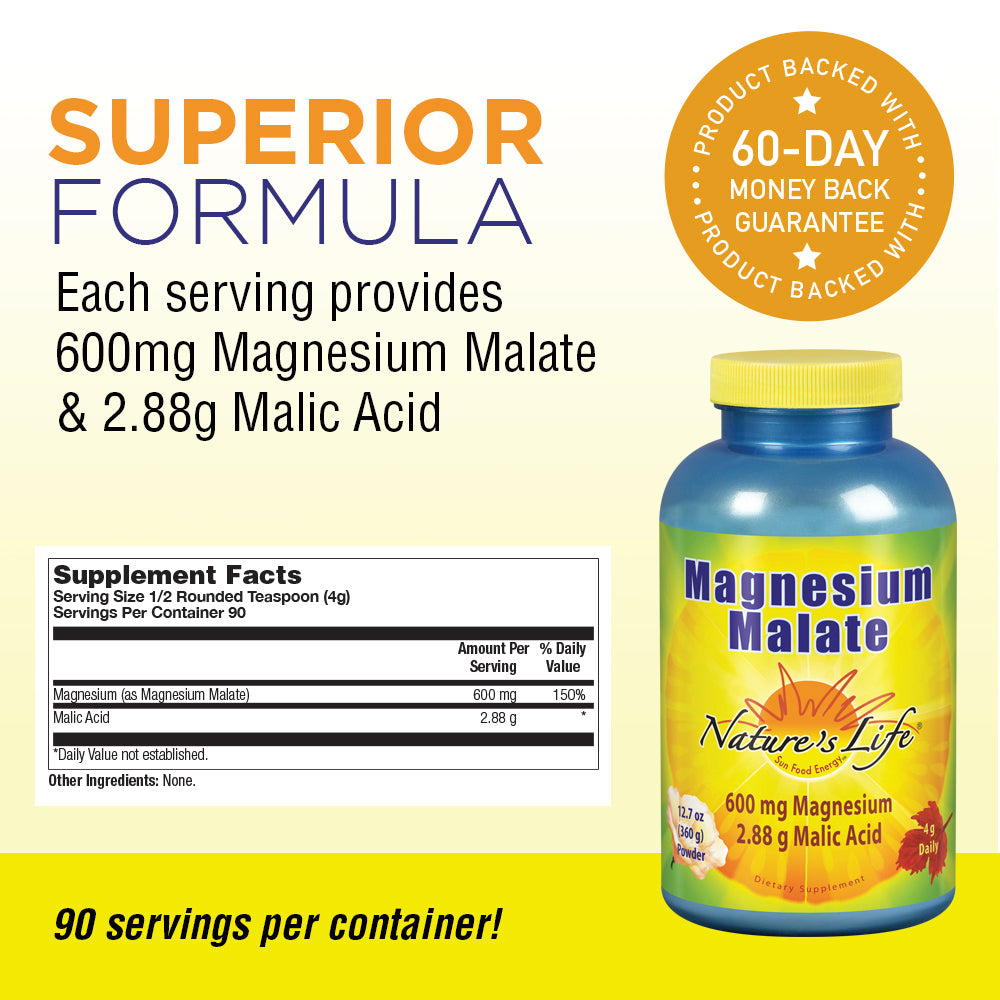 Nature’s Life Magnesium Malate Powder with Malic Acid, 600mg, Healthy Heart, Muscle & Bone Health Support, 90 Servings