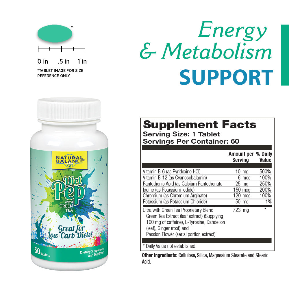 Natural Balance Diet Pep w/ Green Tea | Thermogenic Formula for Metabolism, Energy & Weight Support | W/ B Vitamins | Includes Diet Plan | 60 Tablets
