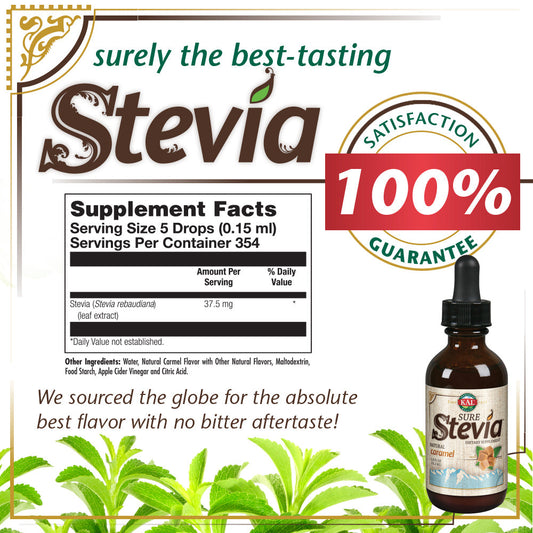 KAL Sure Stevia Drops, Low Carb, Zero Calorie Sweetener, Keto Friendly, Great Tasting Liquid Stevia, Low Glycemic, 60-Day Money Back Guarantee (Caramel)