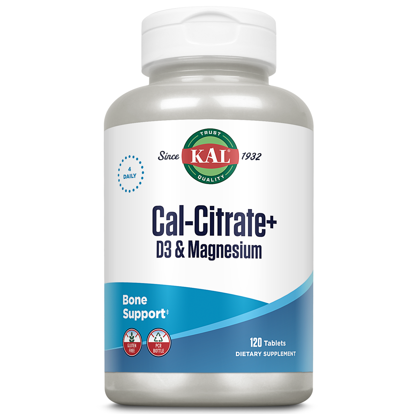 KAL Cal-Citrate+, Calcium Citrate Plus Vitamin D-3 and 500 mg of Magnesium, Healthy Bones and Teeth Support, Gluten Free and Lab Verified for Quality, 30 Servings, 120 Tablets