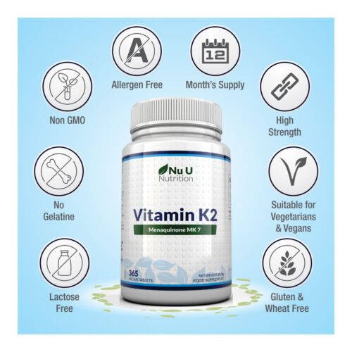 Vitamin K2 MK 7 200mcg - 2 Bottles 365 Vegetarian and Vegan Tablets By Nu U
