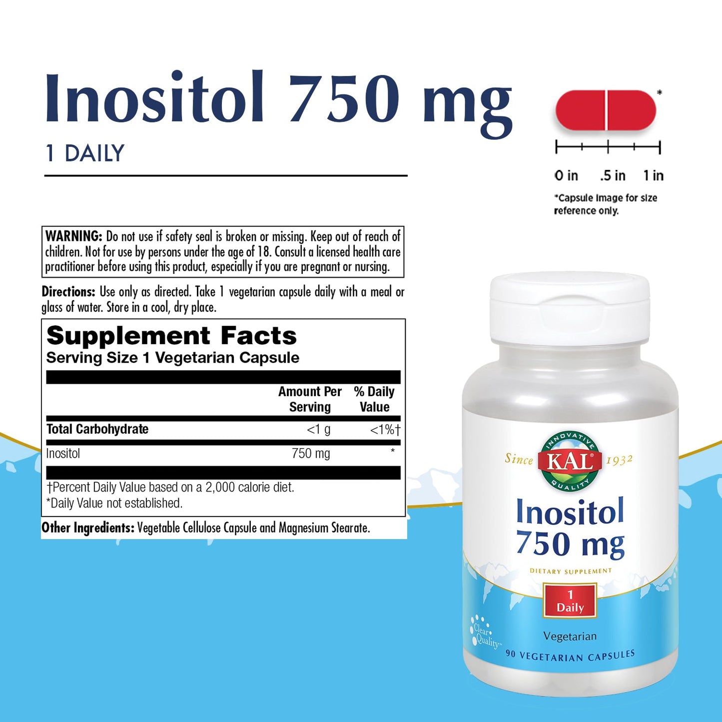 KAL Inositol 750mg | Brain, Nervous System & Mood Support, Healthy Cardiovascular, Liver & Eye Function | 90ct, 90 Serv.