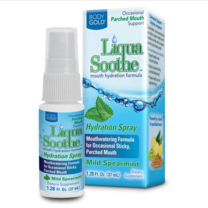 Body Gold Liqua Soothe Mouth Spray, Oral Care Formula for Occasional Dry Mouth Feeling, Supports Healthy Levels of Mouth Hydration w/ Akarkara and Ginger, Mild Spearmint Flavor, About 64 Serv, 1.28oz