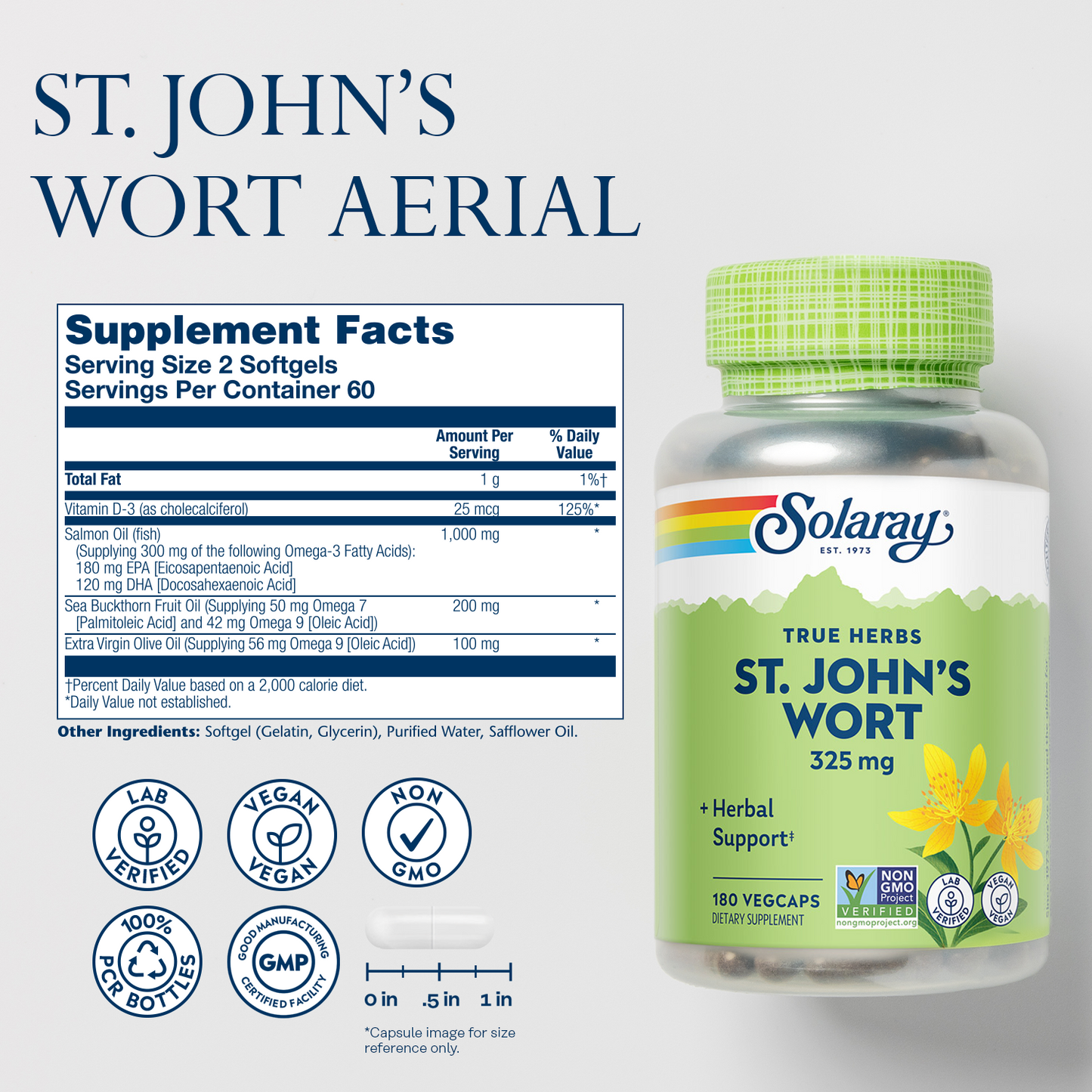 Solaray St John’s Wort 325 mg Whole Aerial - Brain Health and Mood Support Supplement - 60-Day Money Back Guarantee - Non-GMO, Vegan, Lab Verified