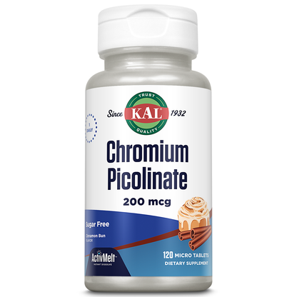 KAL Chromium Picolinate 200mcg Supplement, Healthy Metabolism Support, Fast Dissolving ActivMelts for Enhanced Absorption, Vegetarian, Sugar Free, Cinnamon Bun Flavor, 120 Servings, 120 Micro Tablets