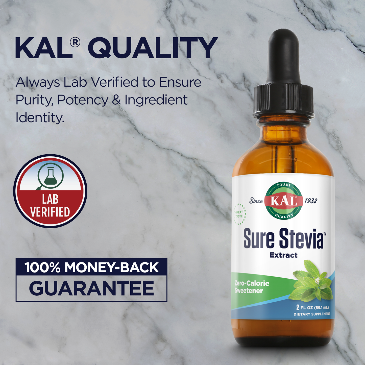 KAL Sure Stevia Drops, Low Carb, Zero Calorie Sweetener, Keto Friendly, Great Tasting Liquid Stevia, Low Glycemic, 60-Day Money Back Guarantee (Unflavored)