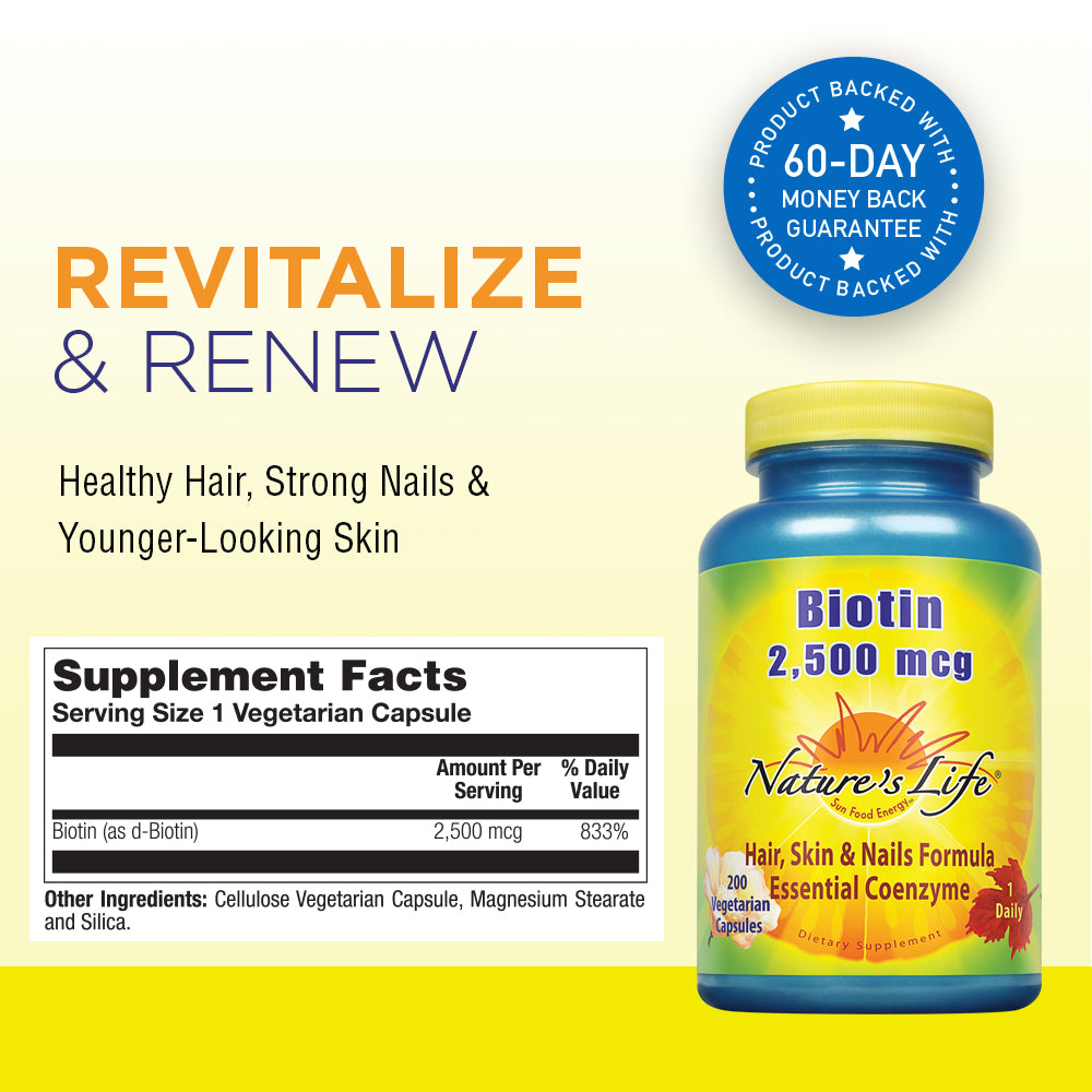 Natures Life Biotin 2500mcg | Non-GMO | 200 Vegetable Capsules