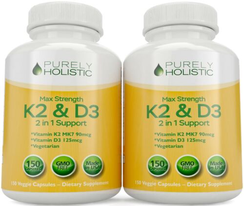 Vitamin D3 with K2 D3 5000IU and K2 90mcg 2 Bottles x 150 Vegetarian Capsules