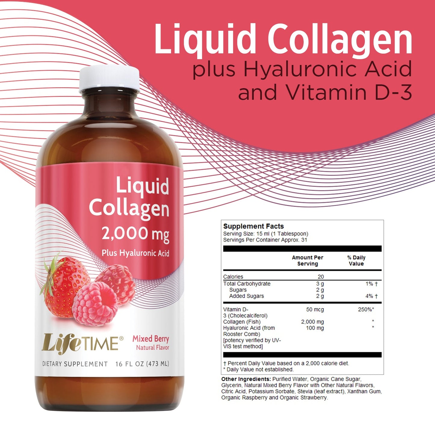 Lifetime Liquid Collagen w/ Hyaluronic Acid & Vitamin D3 | Supports Healthy Skin, Hair, Joints, Eye & Bone Health | 2000 mg | 16 FL oz