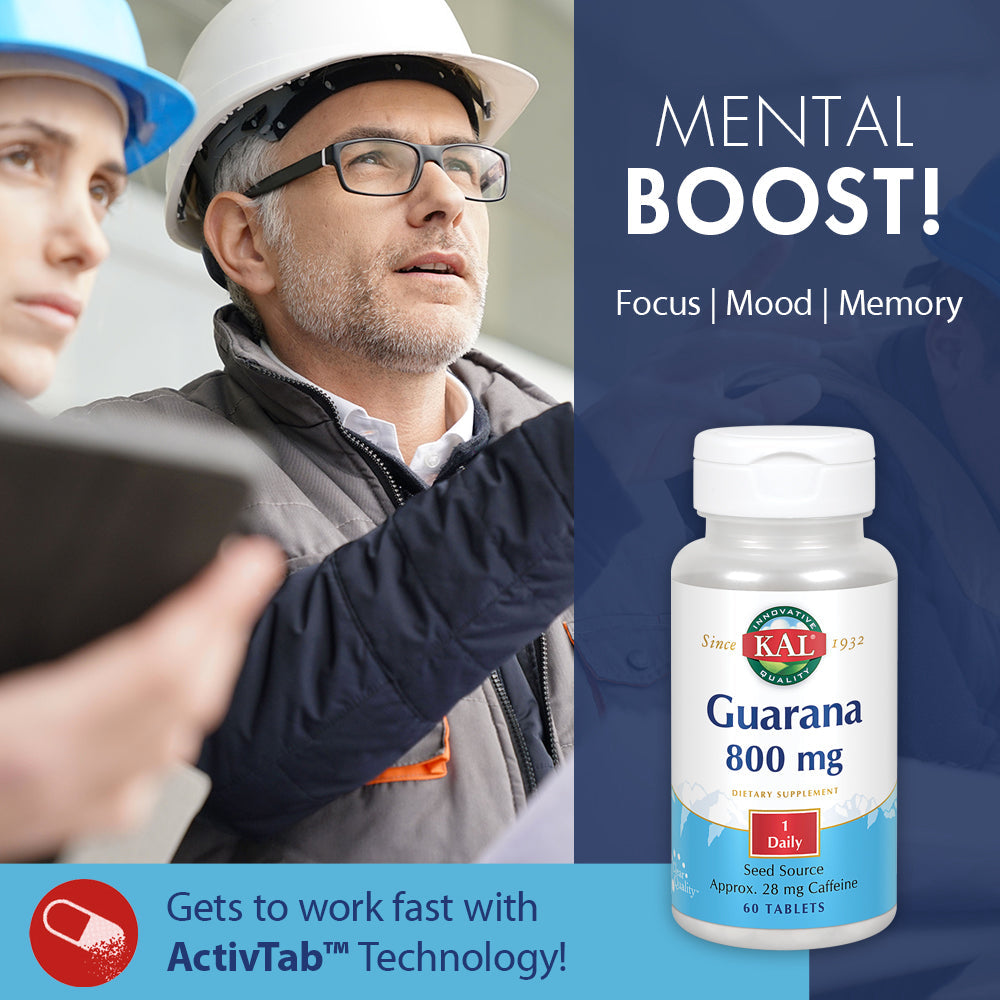 KAL Guarana 800 mg | Approx. 28 mg of Naturally Occurring Caffeine | Healthy Energy & Focus Support | 60 Tablets