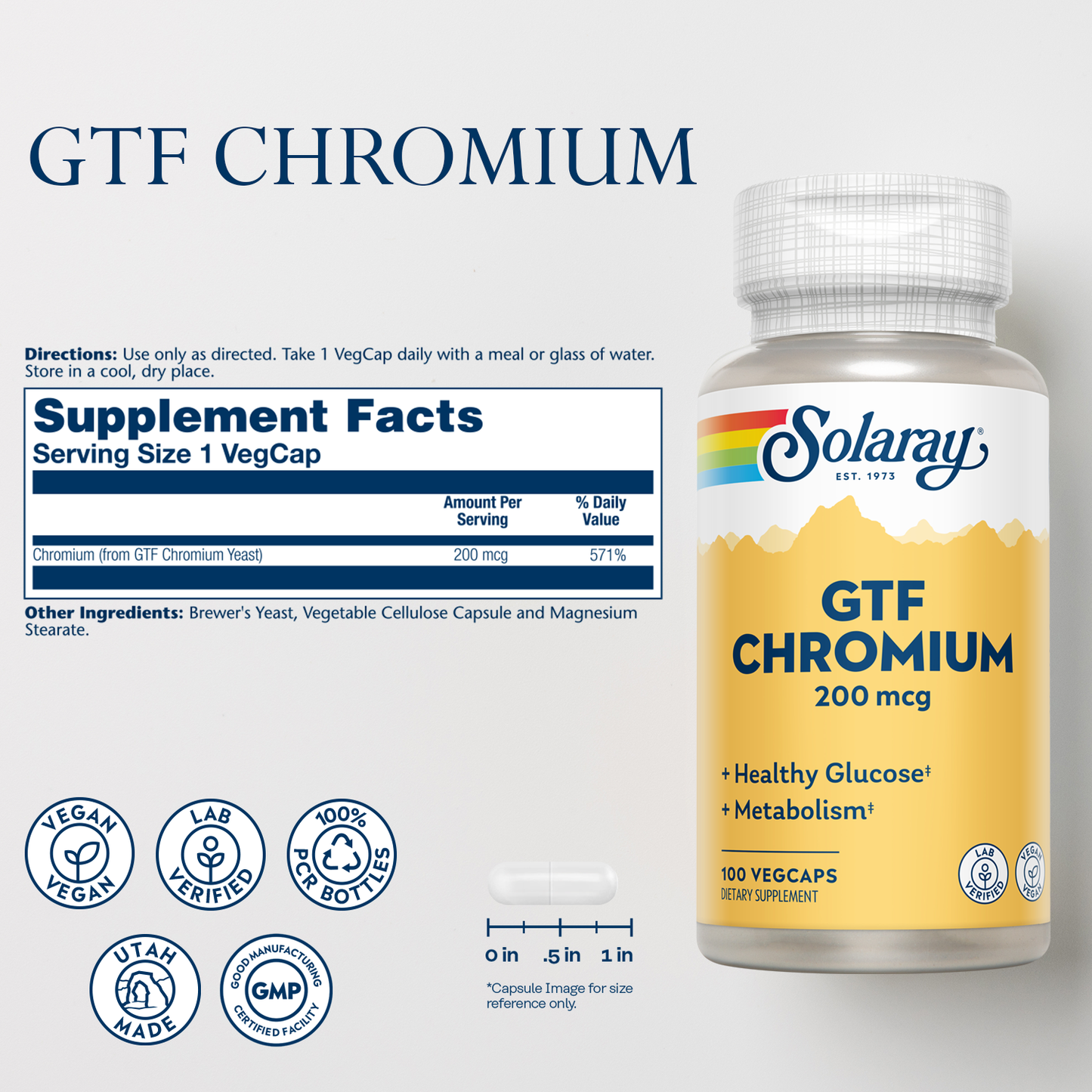 Solaray GTF Chromium 200mcg - Healthy Glucose Levels and Metabolism Support - Vegan Chromium Supplements - Lab Verified, 60-Day Guarantee - 100 Servings, 100 VegCaps