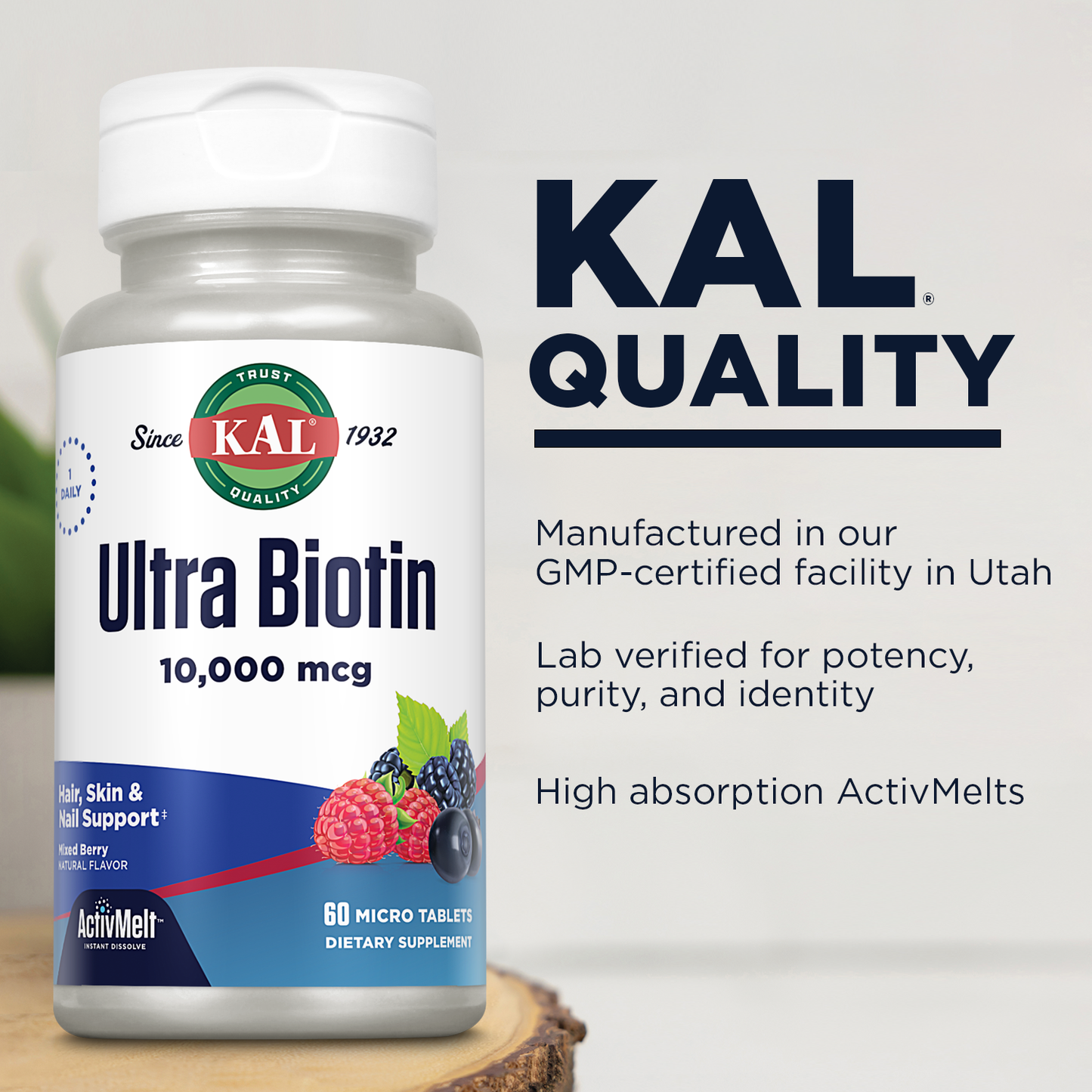 KAL Ultra Biotin 10000mcg ActivMelt, Hair Growth Supplement, High Potency Vitamin B7 for Healthy Hair, Skin, Nails and Energy Support, Vegetarian, Natural Mixed Berry Flavor, 60 Serv, 60 Micro Tablets